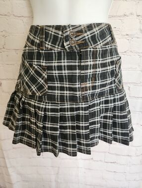 Vintage Original Y2K Kustommade Von Dutch Plaid Pleated Mini Skirt Sz.M w/ Patch